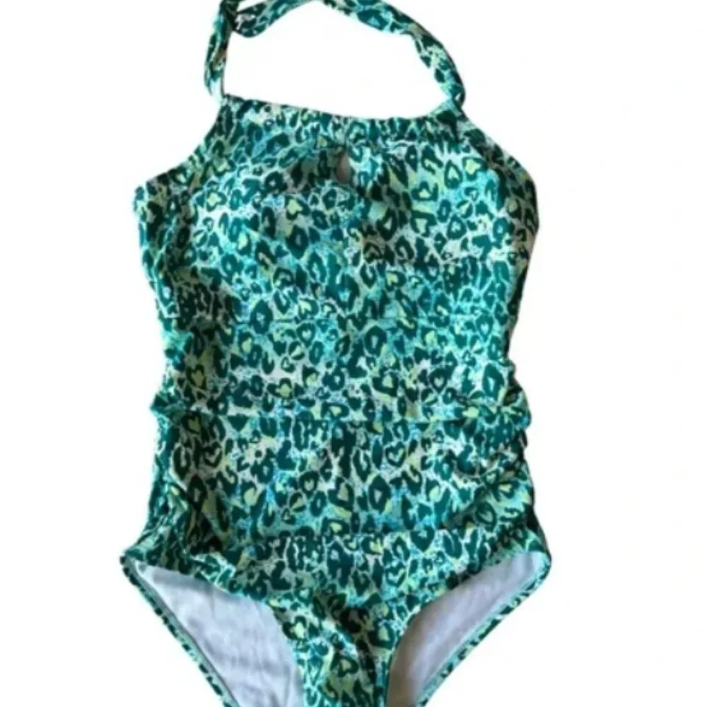 Serra NWT Swimsuit One Piece Halter Blue-Green Cheetah Premium Molded Cups Large